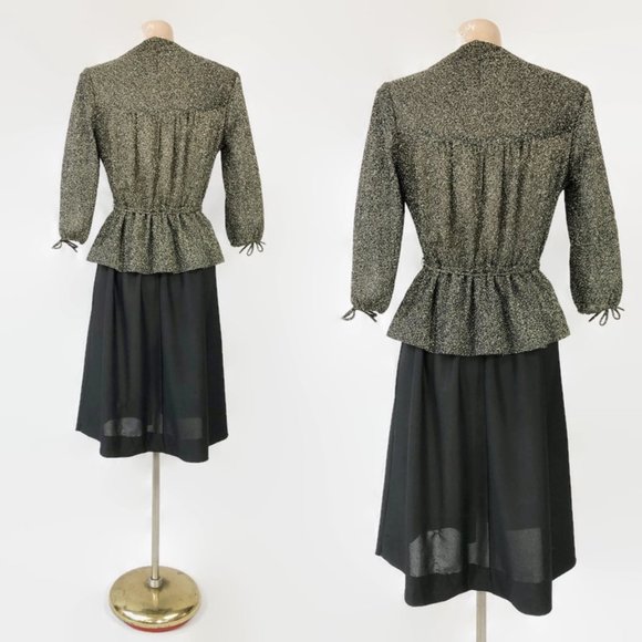 VINTAGE 1970s Metallic Gold Lurex Peplum Dress - Picture 6 of 9